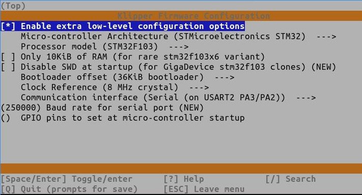 Opciones de menuconfig para compilar Klipper para la Kobra 2 Neo